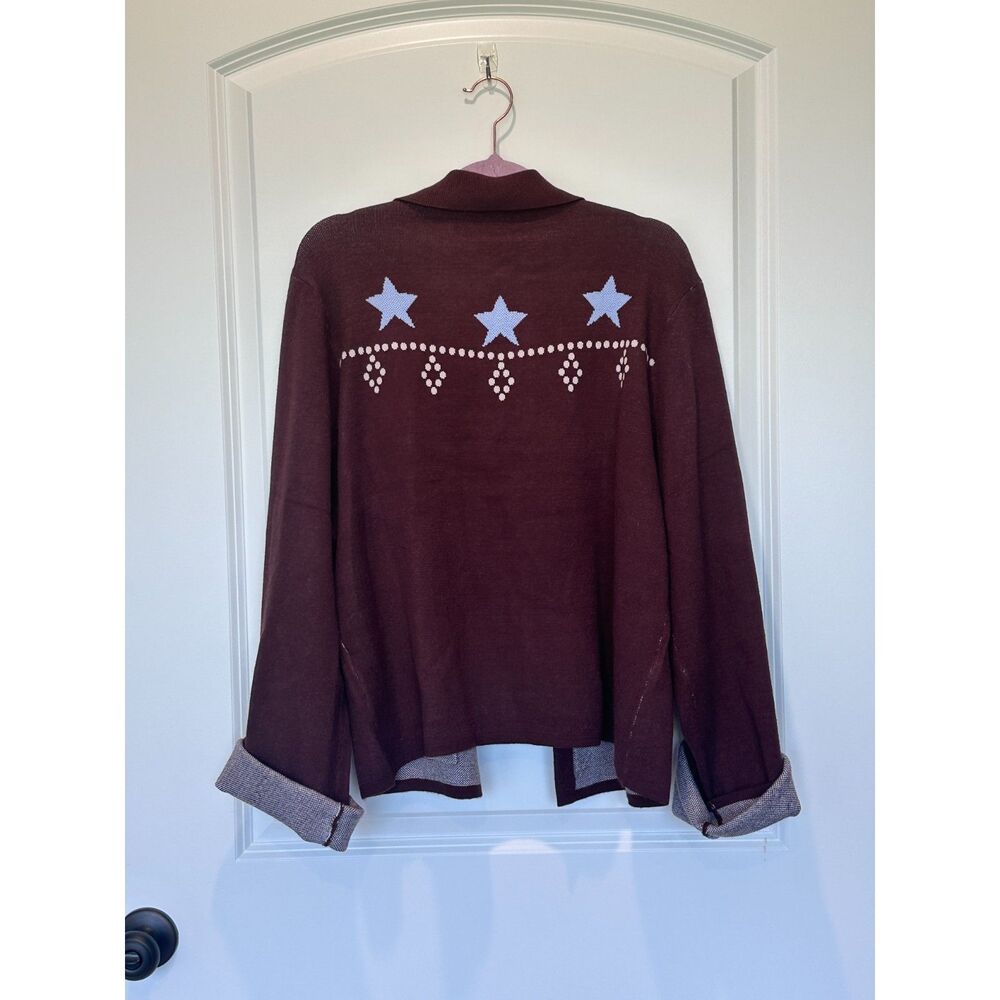 NWT THML Open Front Cardigan Sweater Brown Blue Stars Size Medium - Picture 3 of 7